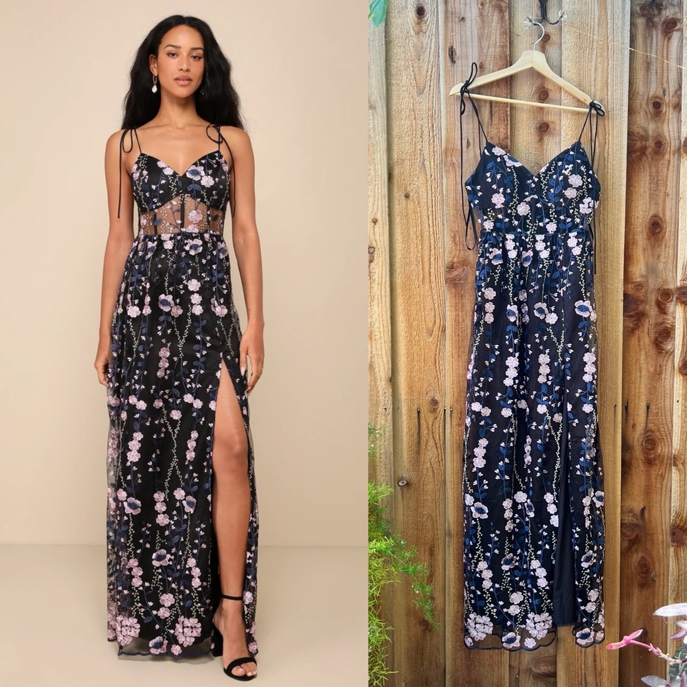 Black Pink and Blue Embroidered Lace Bustier Tie-Strap Maxi Dress 🌿
